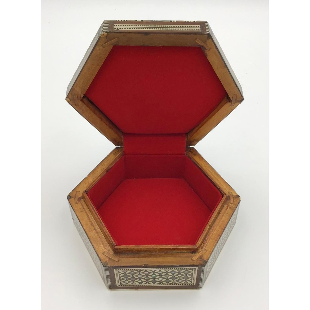 Vintage Marquetry Inlay Jewelry Box Mother of Pearl Wood Mosaic Star 6in - Picture 4 of 10